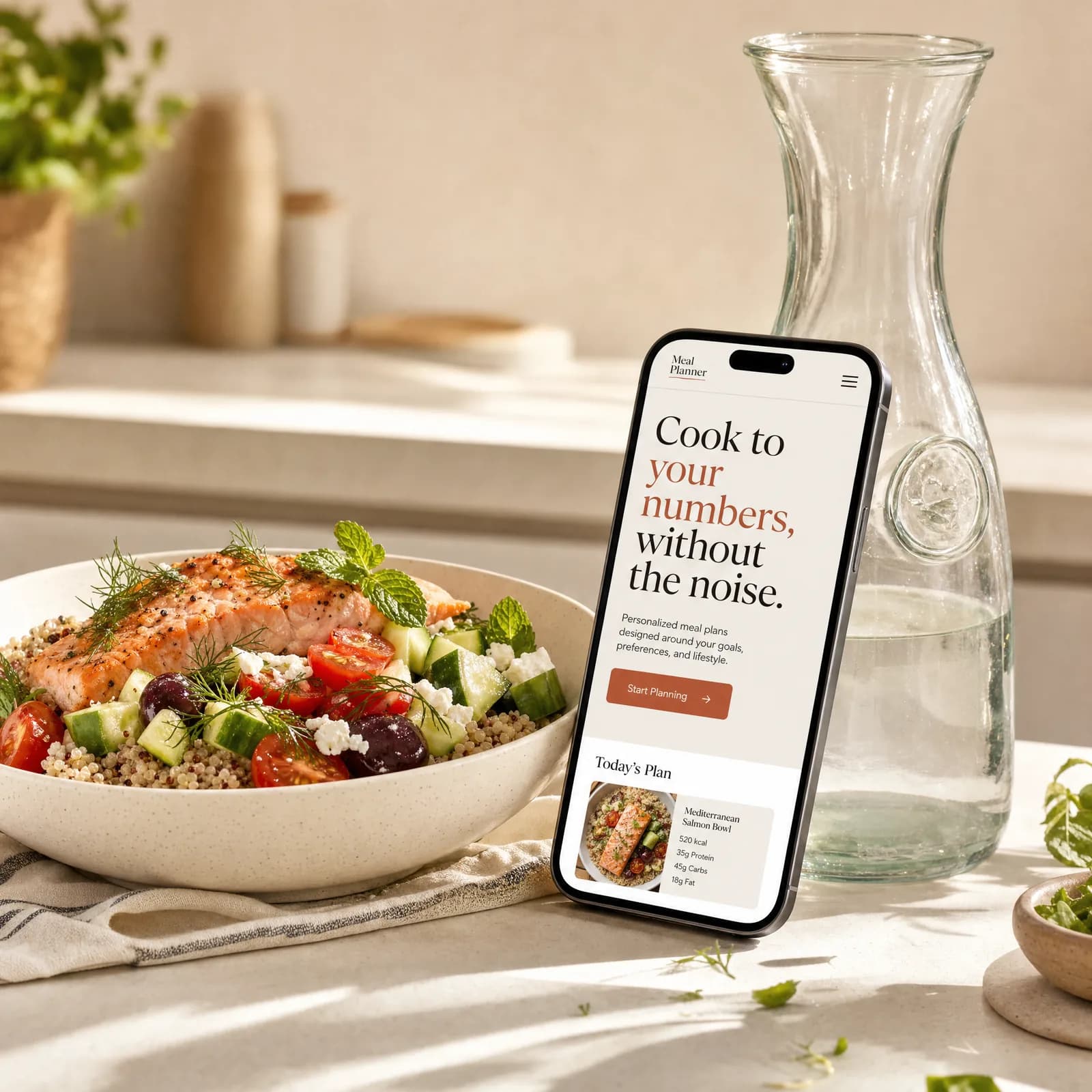 Meal Planner open on a phone beside a Mediterranean salmon quinoa bowl in warm morning light