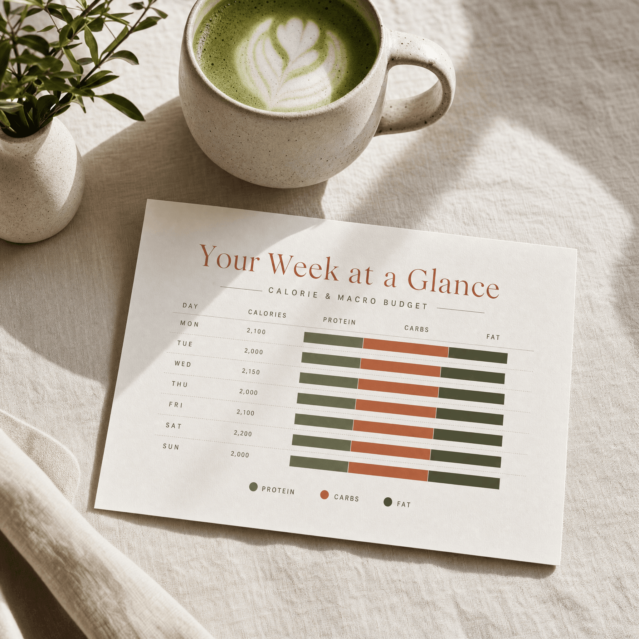 A printed Your Week at a Glance card showing the calorie and macro budget for each day, beside a matcha latte